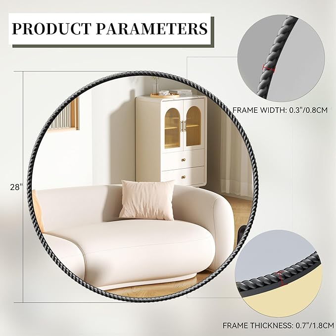 PROHOMEWARE Black Round Bathroom Mirrors, 28 inch Circle Wall Mounted Hanging Mirror for Entryway, Living Room, Hallway, Bathroom, Bedroom