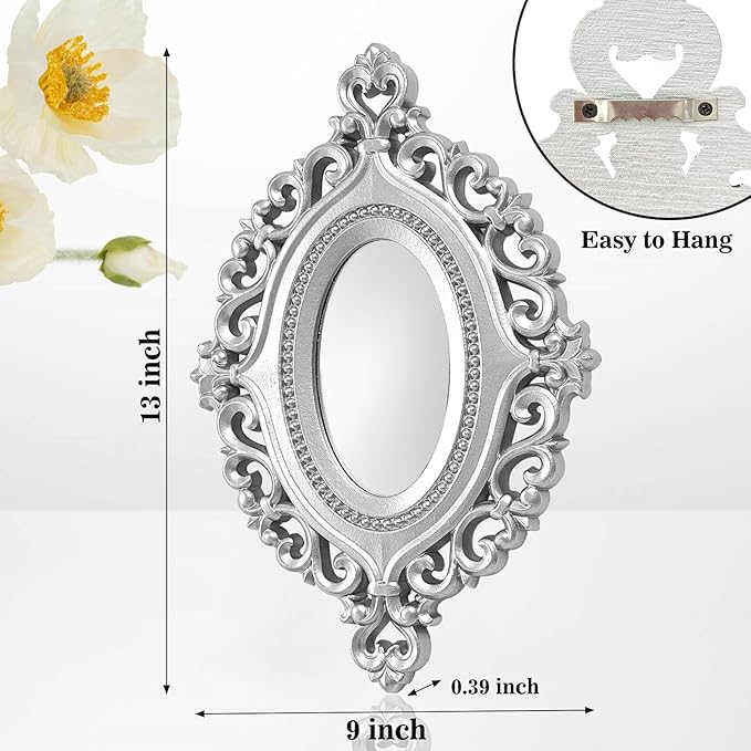 Cityelf 2 Set Oval Wood Carved Wall Mirror Baroque 3D Relief Rustic Home Decor Small Decorative Hanging Mirrors for Living Room, Bedroom Entrance Wall Sculpture