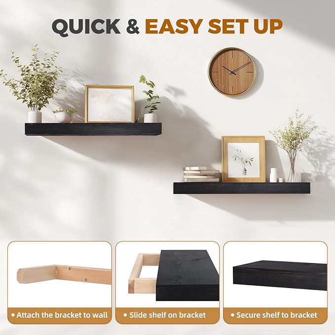24x6.8x2 Inch Rustic Floating Shelves for Wall Set of 2 - Black Solid Wood Wall Mounted Shelves with Invisible Bracket, Extended Design for Farmhouse Living Room Bedroom Kitchen Decor