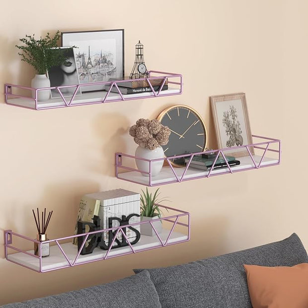 Floating Shelves Set of 3, Home Wood Wall Shelf, Farmhouse Shelf for Bedroom, Wall Mounted Floating Shelf for Living Room, Bedroom, Bathroom, Kitchen, Office (Pink)