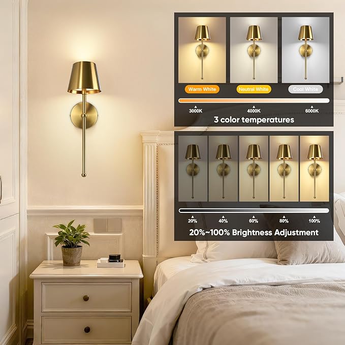 Kimjo Battery Operated Wall Sconce Set of 2, Rechargeable Wireless Wall Sconces Light with Dimmable Timer Remote, 5200mAh Gold Cordless Wall Light for Bedroom Living Room Hallway Decor