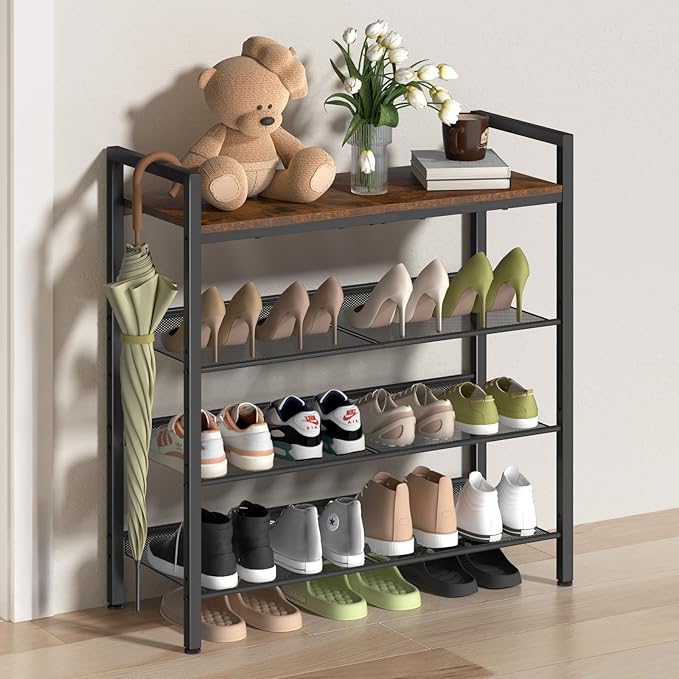 4 Tier Shoe Rack for Entryway, Metal Shoe Rack Heavy Duty with Wooden Top & Adjustable Mesh Shelves, Shoe Storage Organizer for Front Door Entrance/Closet/Bedroom/Dorm/Garage