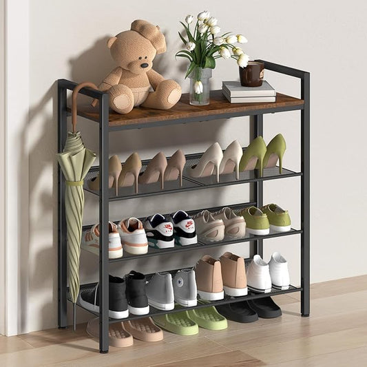 4 Tier Shoe Rack for Entryway, Metal Shoe Rack Heavy Duty with Wooden Top & Adjustable Mesh Shelves, Shoe Storage Organizer for Front Door Entrance/Closet/Bedroom/Dorm/Garage