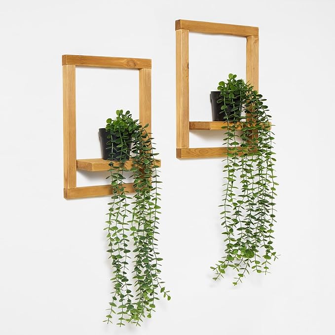 2 Pack Wooden Shelves with Fake Hanging Plants for Wall Decor, Modern Farmhouse Wood Wall Art for Living Room, Bathroom (Light Brown)
