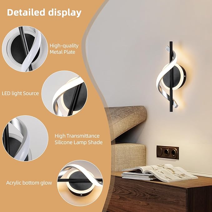 LED Wall Sconces Indoor, 12W LED Wall Mount Lights, Modern Spiral Wall Lamp, 3000K Warm White LED Light Fixture for Stairs Living Room Bedroom Aisle Hallway (Warm White, Black)