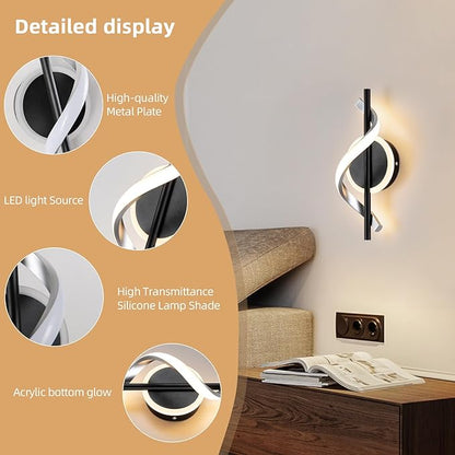 Black Wall Sconces Sets of 2, 12W Modern Spiral LED Wall Lamp, 3000K Warm White Wall Light Fixture for Stairs Living Room Bedroom Aisle Hallway
