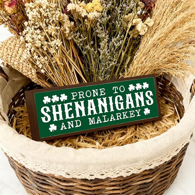 St Patricks Day Decor Signs, Lucky Clover Home Decors, St. Patrick's Day Themed Decor for Cafe Shop Coffee Bar, Desk Decors Art, Prone to Be Shenanigans and Malarkey Sign, 9.5x3.1x1 inches