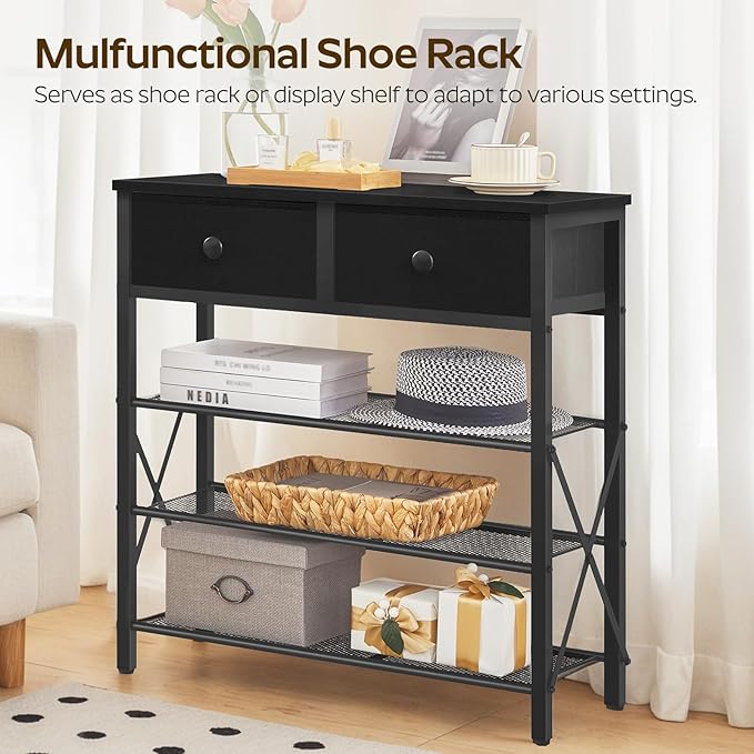 4 Tier Shoe Rack, Large Capacity Shoe Storage Organizer, Metal Shoe Shelf with Drawer and Wooden Top, for 16 Pairs of Shoes, for Entryway, Closet, Black SS24BB