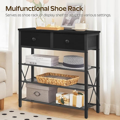 4 Tier Shoe Rack, Large Capacity Shoe Storage Organizer, Metal Shoe Shelf with Drawer and Wooden Top, for 16 Pairs of Shoes, for Entryway, Closet, Black SS24BB