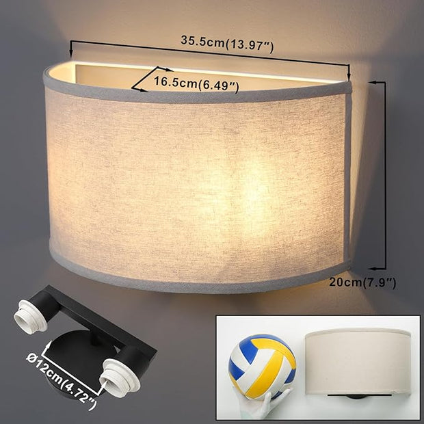 2-Light Linen Fabric Boho Hallway Wall Sconce Indoor Light Fixture, Dual Vintage Industrial Hardwired Half Moon Wall Lighting Semicircle Textile Shade for Bedroom Living Room Corridor Study