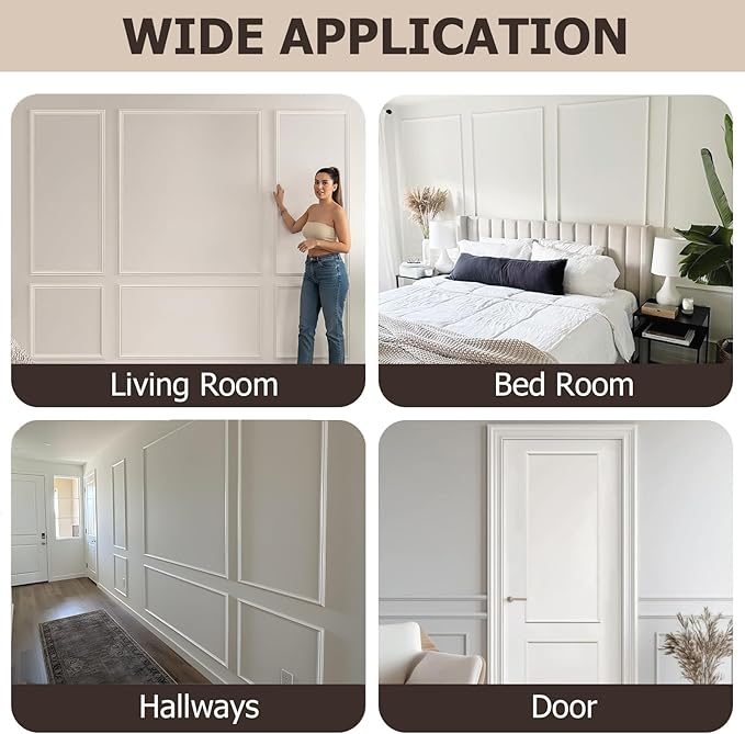 Pre-Cut Peel and Stick Wall Molding Kit Wainscoting Trim- Self Adhesive Premade Accent Panel Chair Rail for Interior Moulding Home Decor Accent Wall Set of 6 pcs - 3 Top 3 Bottom, Ready to Assemble
