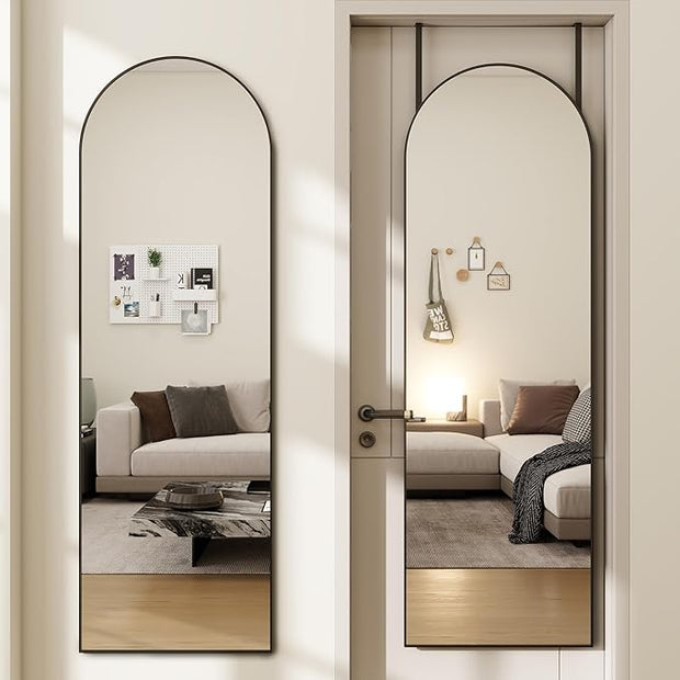 Arched Full Length Door Mirror 14x48, Metal Frame with Protective Film, No-Drilling Hanging or Wall Mount, Hooks & Hardware Included, Full Body Mirror for Bedroom, Dorm, Black