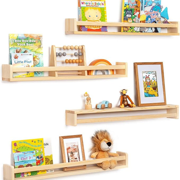 Fun Memories Nursery Book Shelves - Rustic Natural Solid Wood Floating Bookshelf for Kids - Wall Book Shelves for Kids Room (Natural, 32inch - 4P)