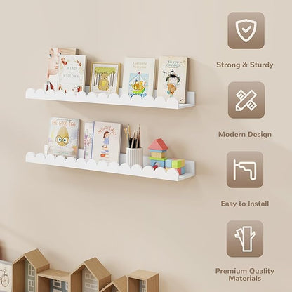 Fun Memories 28 Inch Scalloped Floating Shelf, White Picture Ledge for Wall, Set of 2, Nursery Book Shelves for Baby Room, Kids Rooms, Bedroom