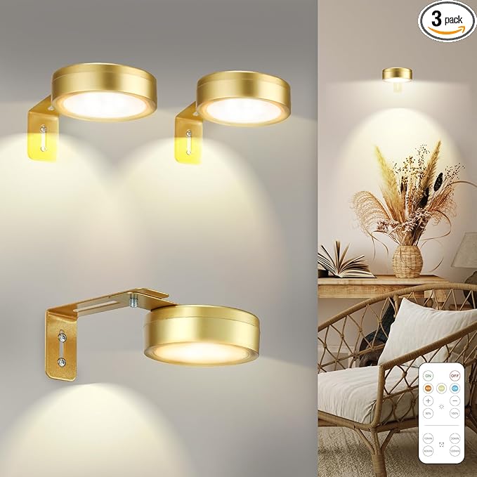3 Pack Gold Battery Operated Picture Light, Wireless Picture Lights for Wall with Remote Dimmable Timer,3 Lighting Modes Pictures Frame Light for Artworking,Magnetic Painting Lights Wall Decor