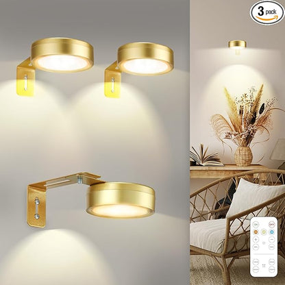 3 Pack Gold Battery Operated Picture Light, Wireless Picture Lights for Wall with Remote Dimmable Timer,3 Lighting Modes Pictures Frame Light for Artworking,Magnetic Painting Lights Wall Decor