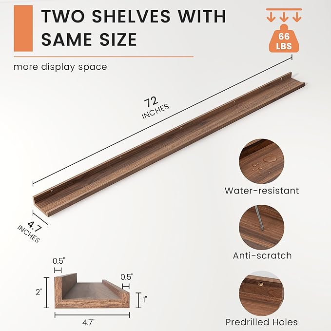 Picture Ledge Shelf, Floating Shelves Set of 2, 72 Inches Long Large Nursery Book Shelves for Toys Storage, Kids Bookshelf Wall Mounted for Living Room Bedroom Decor Books Photo Frames, Walnut