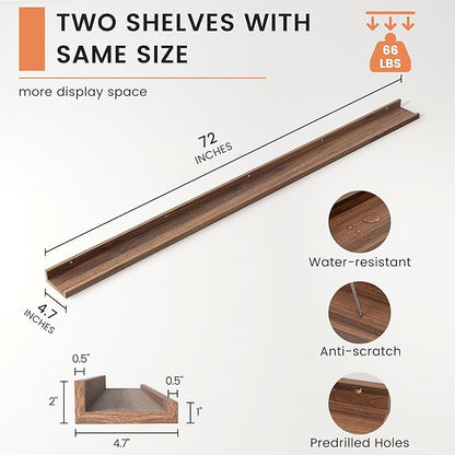 Picture Ledge Shelf, Floating Shelves Set of 2, 72 Inches Long Large Nursery Book Shelves for Toys Storage, Kids Bookshelf Wall Mounted for Living Room Bedroom Decor Books Photo Frames, Walnut