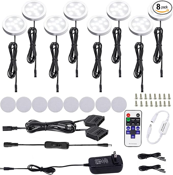 AIBOO Kitchen Under Cabinet Lighting LED 12Vdc 8 Pack Black Cord Aluminum Puck Lights for Counter Closet Furniture Shelf Lighting Dimmable with RF Wireless Remote Control(6000K Daylight White)