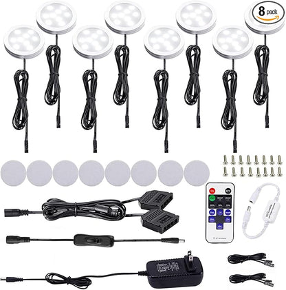 AIBOO Kitchen Under Cabinet Lighting LED 12Vdc 8 Pack Black Cord Aluminum Puck Lights for Counter Closet Furniture Shelf Lighting Dimmable with RF Wireless Remote Control(6000K Daylight White)
