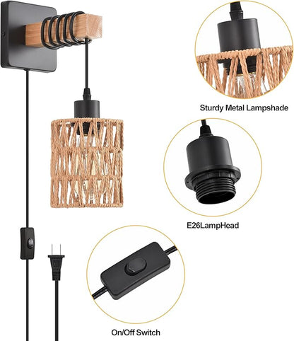 Rustic Wall Sconces Fixtures with Plug in Cord, Set of Two Indoor Vintage Rattan Wall Light Industrial Lamp Fixture Farmhouse Metal Sconces Light for Bedroom Bedside Living Room