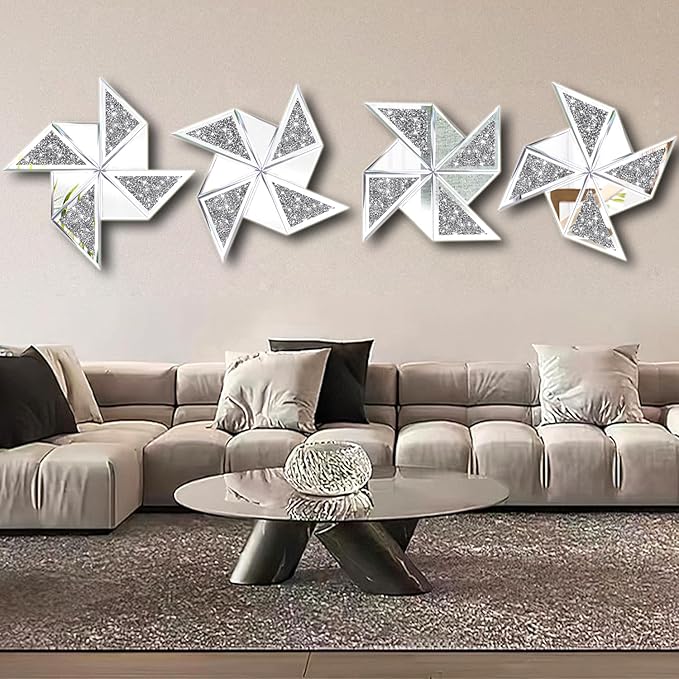 Set of 2 Diamond Decorative Mirrors, Cute Pinwheel Shape Wall Mirror, Crushed Diamond Glass Mirror for Home Décor. (15.6”x15.6”)