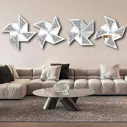 Set of 2 Diamond Decorative Mirrors, Cute Pinwheel Shape Wall Mirror, Crushed Diamond Glass Mirror for Home Décor. (15.6”x15.6”)