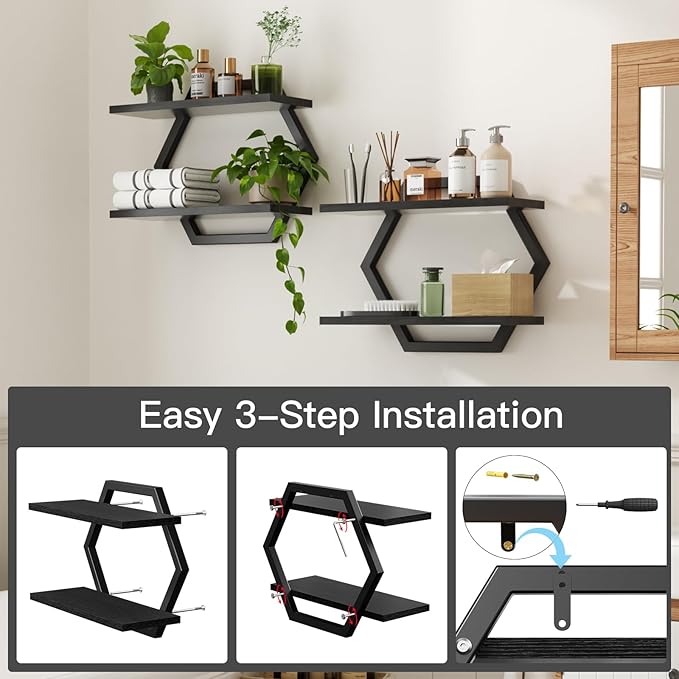 Floating Shelf- Floating Shelf for Wall Set of 2, 2 Tier Foating Shelves for Wall for Bathroom, Bedroom, Toilet, Kitchen, Living Room, Office, Black