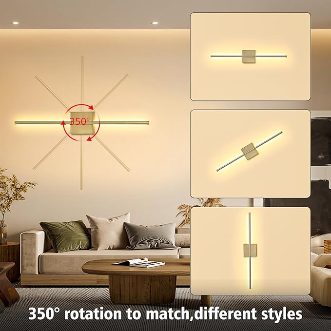 2 Pack Wall Sconces Battery Operated, Wall Sconces 3000K-6000K Dimmable Rechargeable Wall Sconce with Remote Control, 350°Rotate LED Wireless Wall Lights for Living Room, Hallway, Bedroom(Gold)