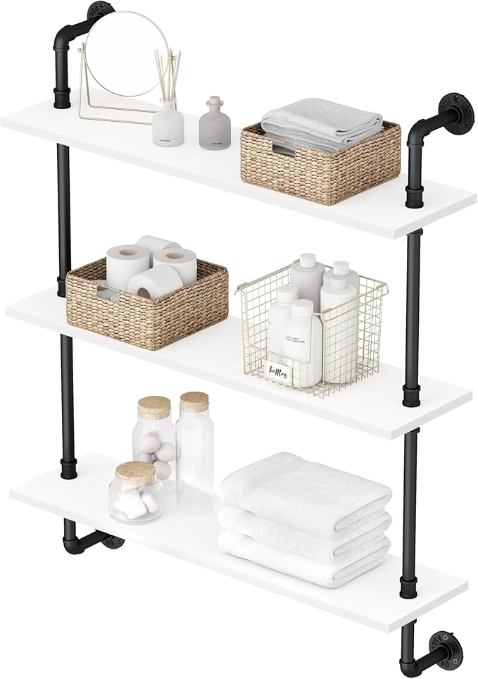 3-Tier Industrial Pipe Floating Shelf – Rustic 24 inch Wood Wall-Mounted Storage Shelf for Kitchen Office,Bathroom & Home Decor -White