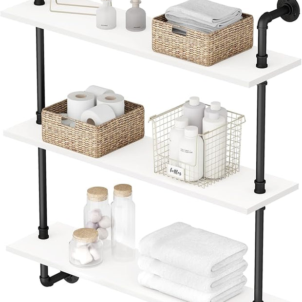 3-Tier Industrial Pipe Floating Shelf – Rustic 24 inch Wood Wall-Mounted Storage Shelf for Kitchen Office,Bathroom & Home Decor -White