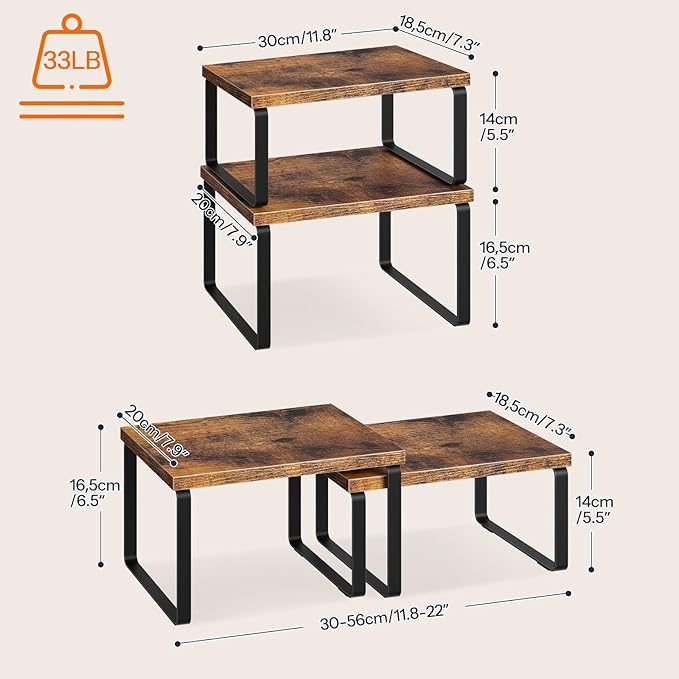 HOOBRO Cabinet Organizer Shelf Set of 4, Kitchen Counter Organizer, Kitchen Storage, Spice Rack, Nest, Stackable, Side-by-Side & L-Shape for Cabinet, Kitchen, Rustic Brown and Black BF33TLP201