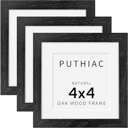 puthiac 4x4 Solid Oak Wood Picture Frame, Fits 3x3 with Mat or 4x4 Without Mat, Wall or Tabletop Display with Stand, Plexi Front, 3 Pack, Black
