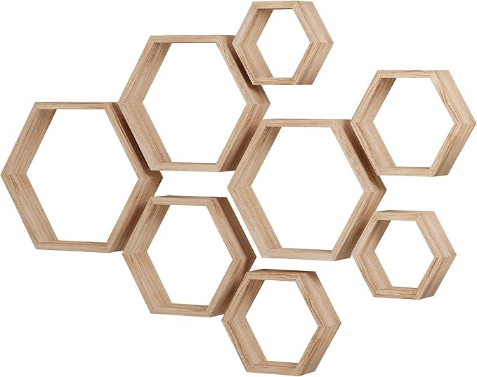 WONFUlity Hexagon Floating Shelves Honeycomb Shelves Wall Mounted Wood Farmhouse Storage Wall Shelf for Bathroom, Kitchen, Bedroom, Living Room,Driftwood Finish Decor,Light Brwon