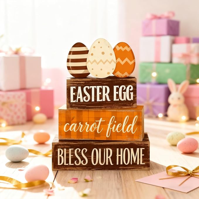Easter Decorations - Easter Egg Carrot Field Tiered Tray Decor - Wooden Farmhouse Easter Tabletop Sign with Eggs & Carrot Theme - Rustic Spring Home Decor for Shelf Mantel Kitchen - Spring Home Decor for Living Room, Kitchen Counter