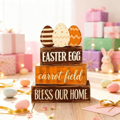 Easter Decorations - Easter Egg Carrot Field Tiered Tray Decor - Wooden Farmhouse Easter Tabletop Sign with Eggs & Carrot Theme - Rustic Spring Home Decor for Shelf Mantel Kitchen - Spring Home Decor for Living Room, Kitchen Counter