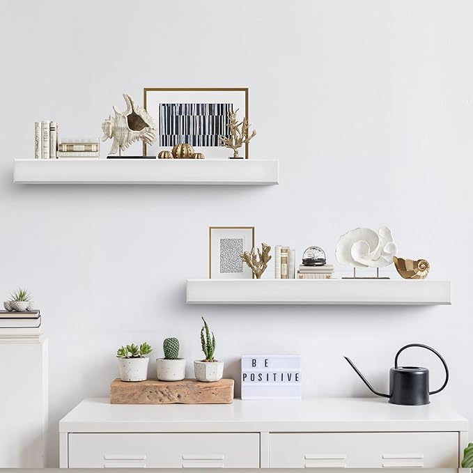 32 Inch Picture Ledge Shelf with Lip,Floating Shelves for Wall, Set of 2 Solid Pine Wood Shelves with Invisible Brackets, Wall Storage for Living Room, Bedroom, Kitchen, Bathroom(White)