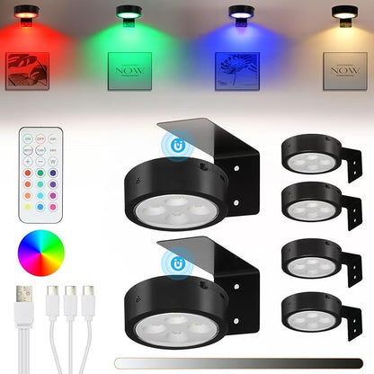 6Pcs Rechargeable Battery Picture Light,13 RGB Color Magnetic Wall Lights for Pictures with Remote Dimmable and Timer, Art Display Light for Paintings Battery Operated-RGB Black