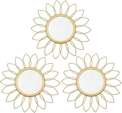 3 Pack Metal Mirrors for Wall Sunburst Wall Mirrors Home Décor Decorative Hanging Wall Art for Living Room Bedroom Entryway (Gold, Flowers)