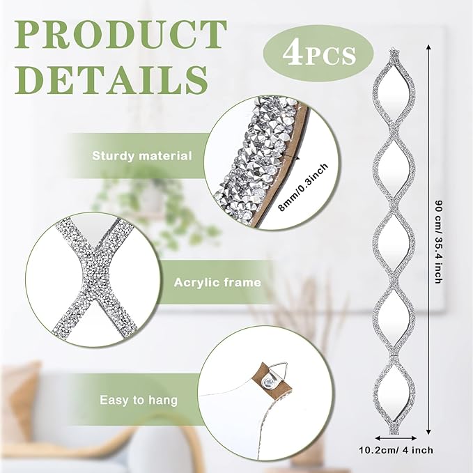 BBTO Teardrop Mirror Wall Decor Decorative Mirror Rustic Crush Diamond Mirrors Wall Farmhouse Long Art for Bathroom Bedroom Entryway Apartment Living Room(Silver,4 Pcs)
