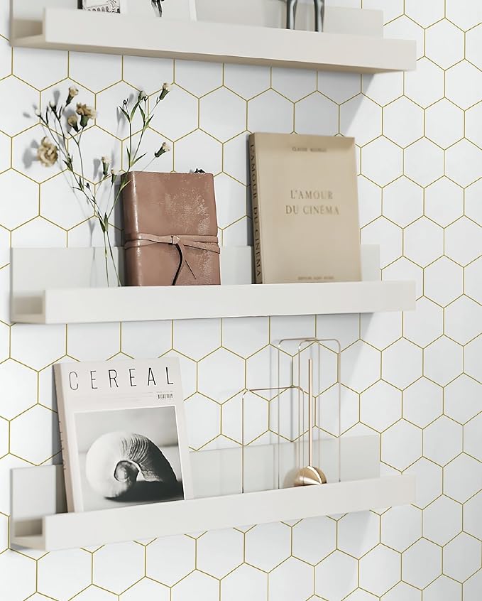 Peel and Stick Wallpaper Gold Geometric White Hexagon Wallpaper Contact Paper 17.3”×78.7”Self Adhesive Wallpapers Removable for Bedroom Decorative Shelf Drawer Liner Roll Waterproof