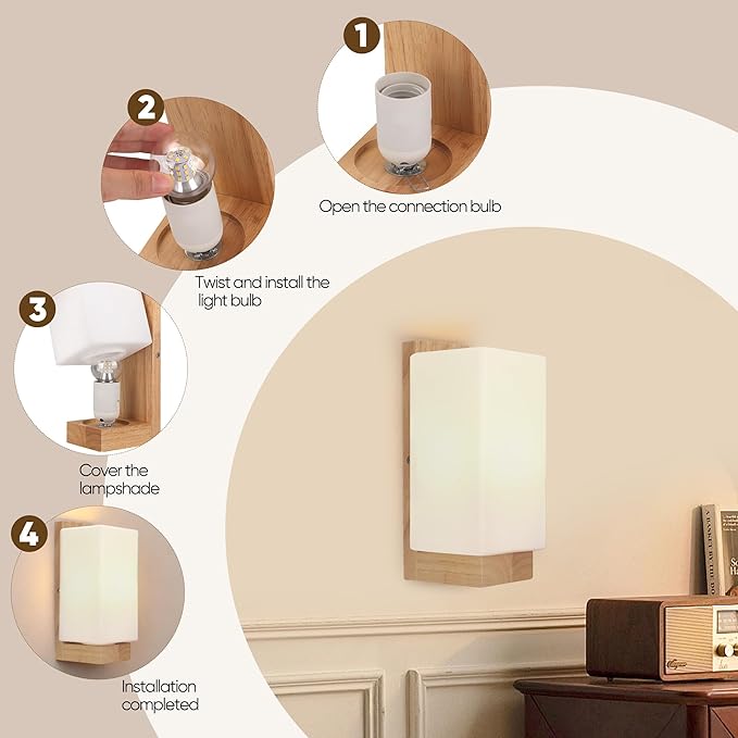 Modern Farmhouse Wall sconces 2-Piece Set Small Wood sconces White Frosted Textured Glass Wall Light Indoor Farmhouse Wall lamp for Bedroom Living Room and Hallway with E26 Base