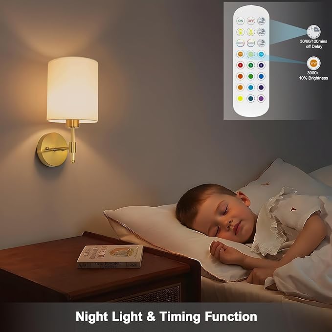Battery Operated Wall Sconces Set of Two, Wireless Battery Wall Lamp with Remote Control, 12 Colors RGB Magnetic Bulb, Rechargeable Gold Wall Sconce for Bedroom Living Room Hallway