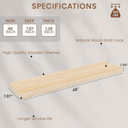 Vivelove Natural Wood Floating Shelves 48”，8 inch Deep Floating Shelf with Invisible Brackets, Unfinished Wall Shelves for Living Room, Bathroom, Kitchen, Bedroom, Home Decor, Set of 1 - Natural