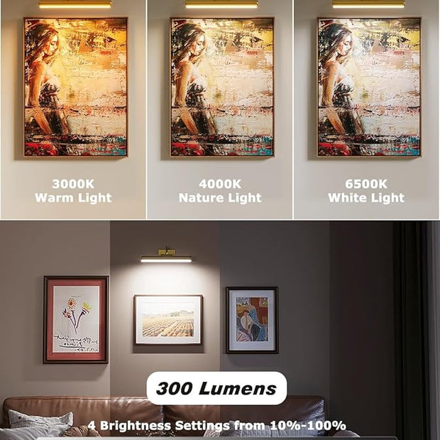 Picture Light Battery Operated, 13in Wireless Art Light for Paintings, Dimmable 5000mAh Recharging Battery Picture Light with Remote Control for Wall, Gallery Dartboard Art Bedroom (Gold-2Pack)
