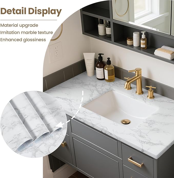 practicalWs Marble Wallpaper Granite White and Gray Wall Paper Roll 47.2" x 197" Kitchen Countertops Cabinet Furniture is Renovated Thick Vinyl Easy to Remove Without Leaving Glue