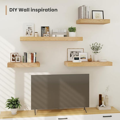 Heimlove 12 Inch Deep Floating Shelves, 48 x 12 inches Long Wall Shelf, Large Display Shelf & Storage Shelf, Rustic Wood Wall Shelves for Fireplace Mantel, Set of 2(Oak)
