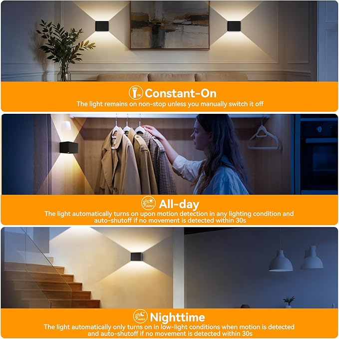 Aialun Motion Sensor Wall Light 5000mAh Battery Operated,Rechargeable Wall Sconce Set of 2 Wireless Closet Light,3CCT & Dimmable Up and Down Night Lights Magnetic Stair Lights for Bedroom Hallway
