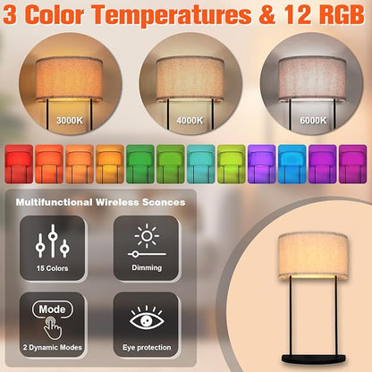 Wireless Wall Sconce with 5000 mAh Rechargeable Magnetic RGB Bulb & Remote Control, Battery Operated Metal Wall Light with Shelf for Bedroom Bedside Table or Living Room Decor