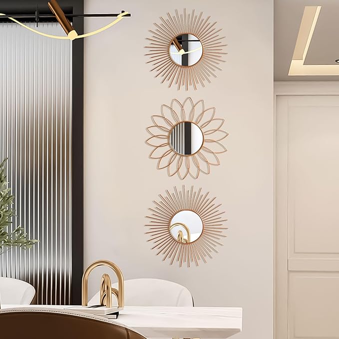 3 Pack Metal Mirrors for Wall Sunburst Wall Mirrors Home Décor Decorative Hanging Wall Art for Living Room Bedroom Entryway (Rose Gold2, Flower+Sunburst)